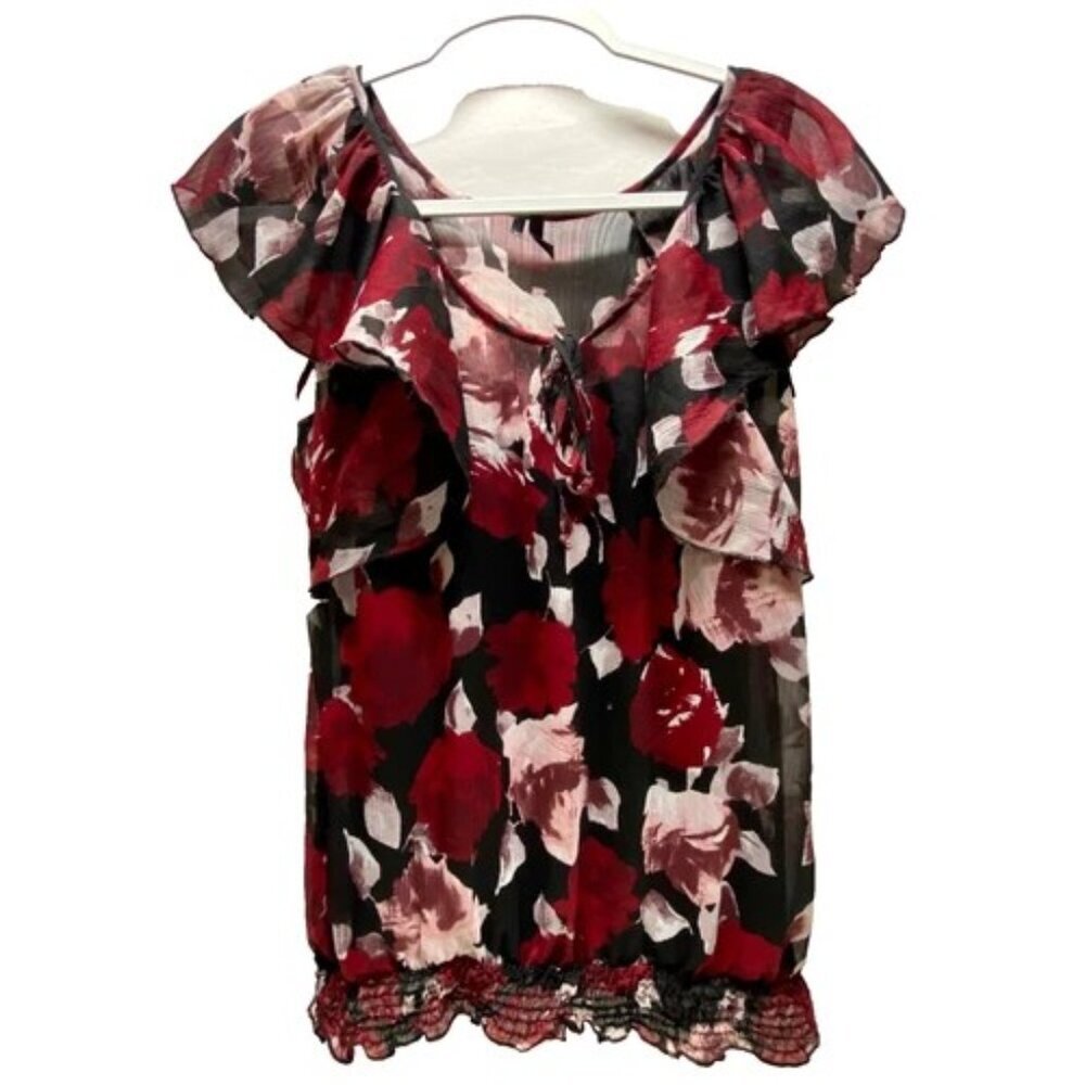 Maurices Blouse Women's Medium Red Black Layered Short Sleeve Fully Lined V-Neck